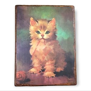 Florence Kroger 1950s Vintage Fluffy Cat Print on Wood Plaque